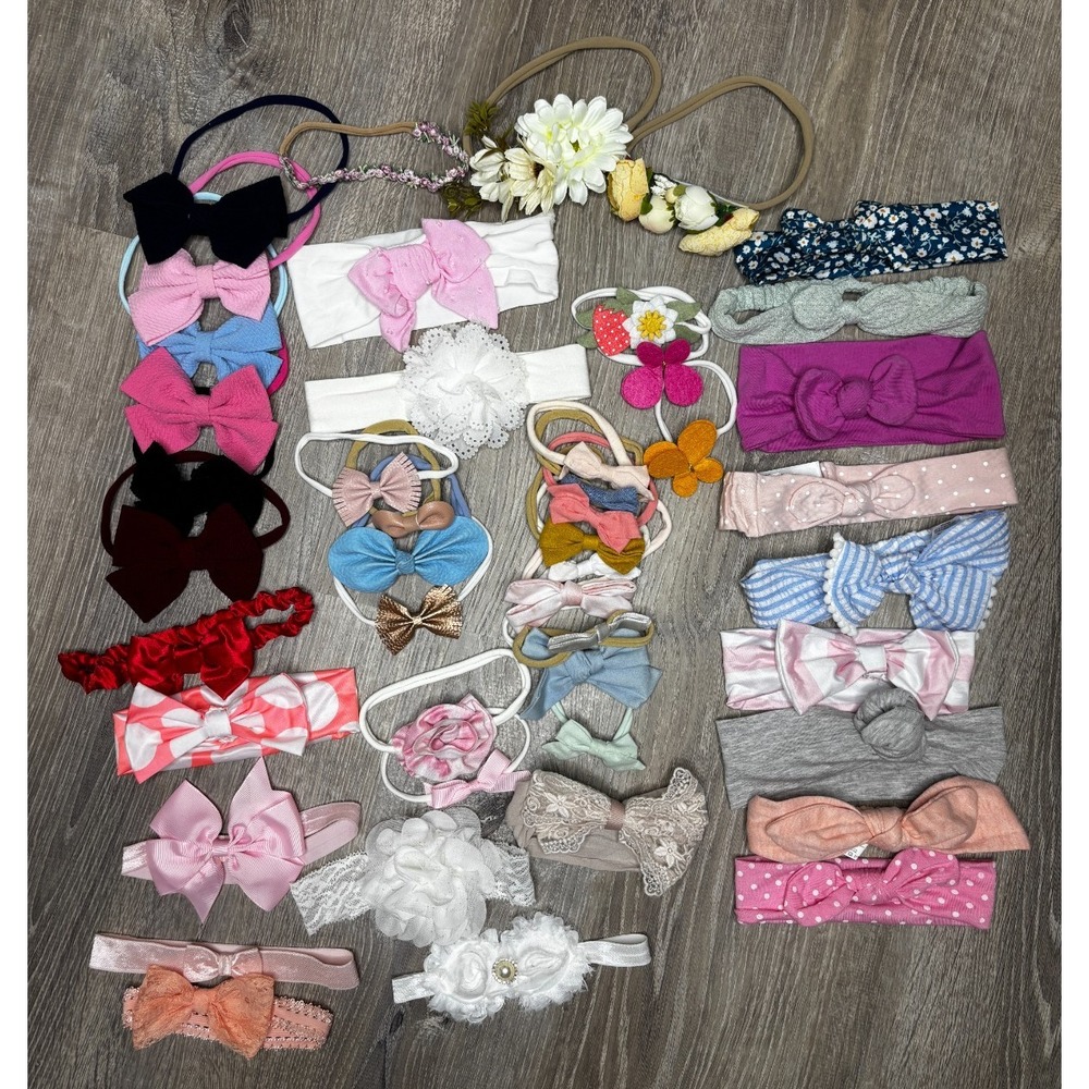 Large Lot of 46 Infant Toddler Girl's Headbands Bows Stretchy Multicolor